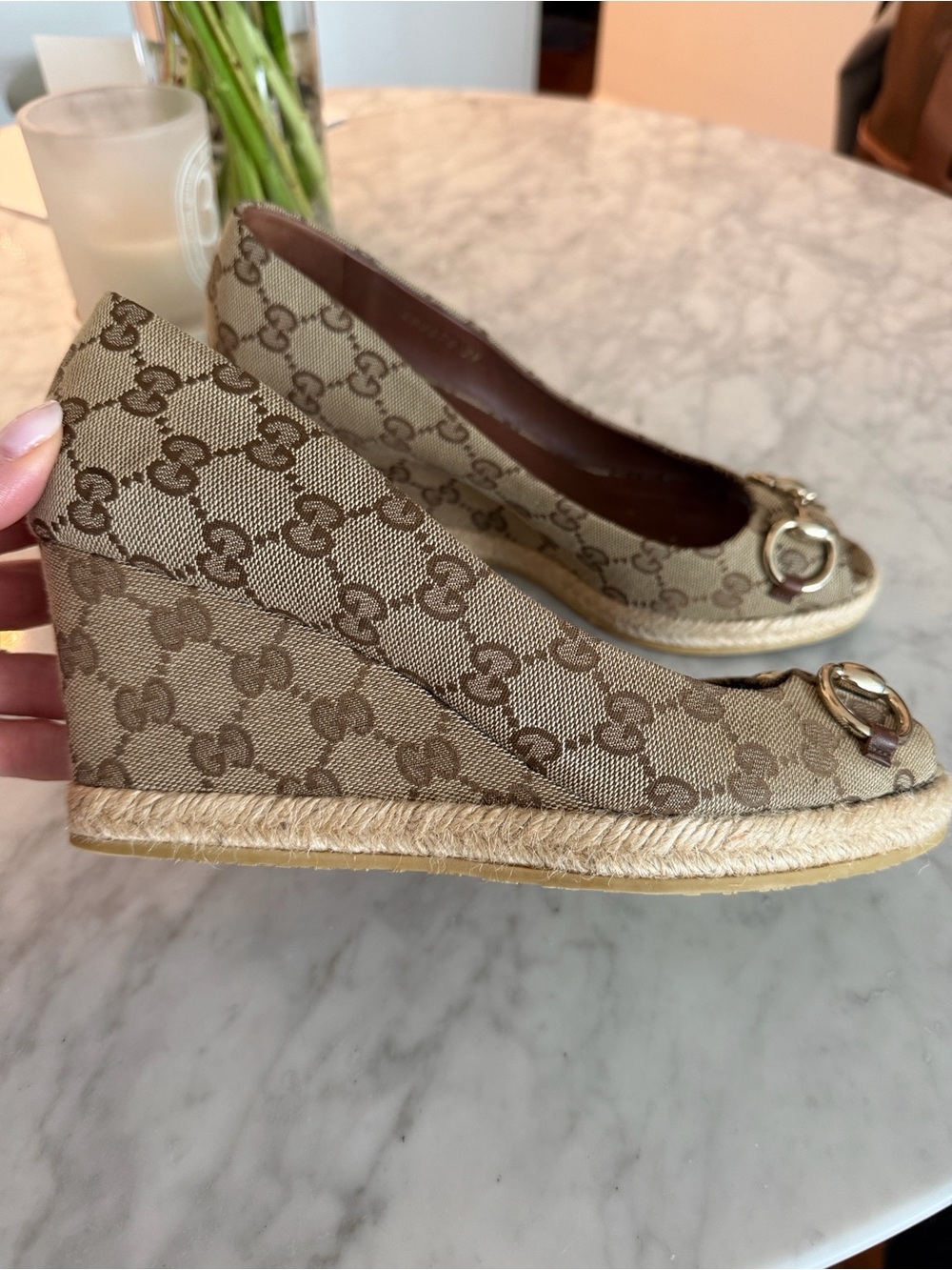 Gucci Beige Monogram Peep-Toe Heels espadrille with Horsebit - Picture 3 of 9